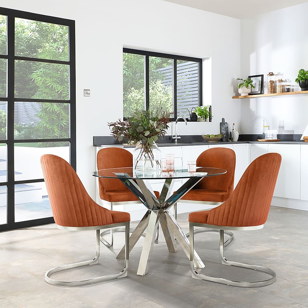 Plaza Round Dining Table & 4 Riva Chairs, Glass & Chrome, Burnt Orange Classic Velvet, 110cm