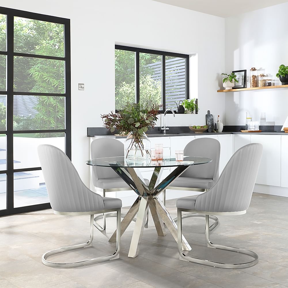 Plaza Round Dining Table & 4 Riva Chairs, Glass & Chrome, Light Grey Premium Faux Leather, 110cm