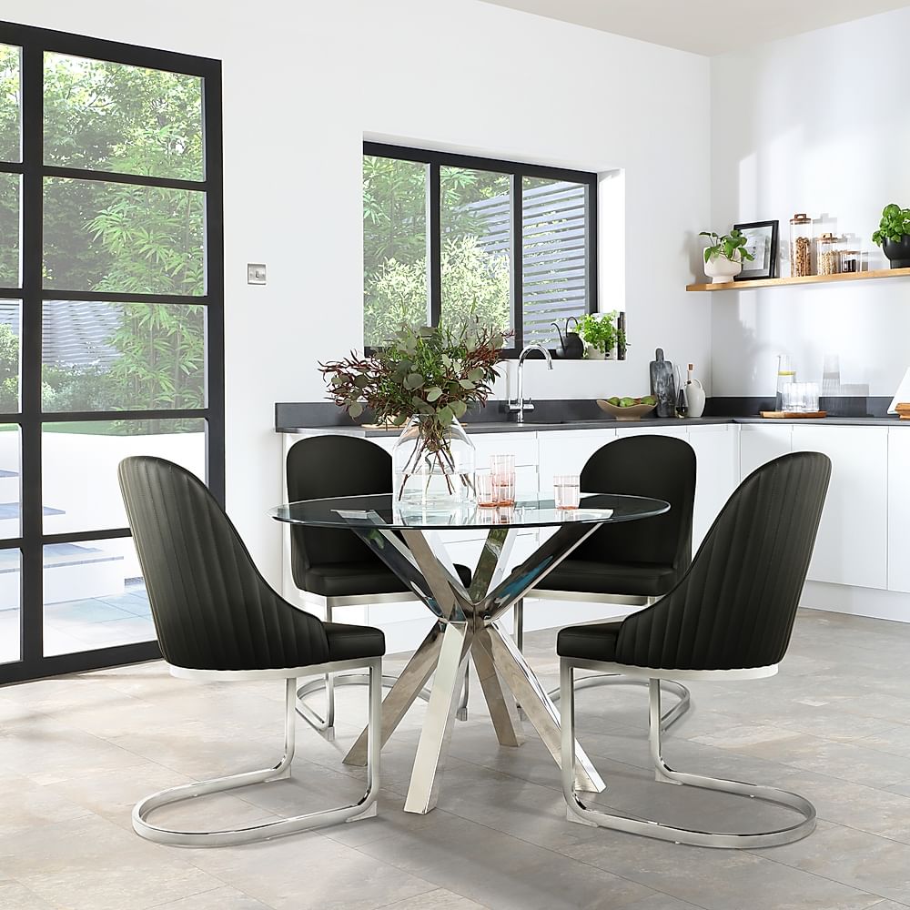 Plaza Round Dining Table & 4 Riva Chairs, Glass & Chrome, Black Premium Faux Leather, 110cm