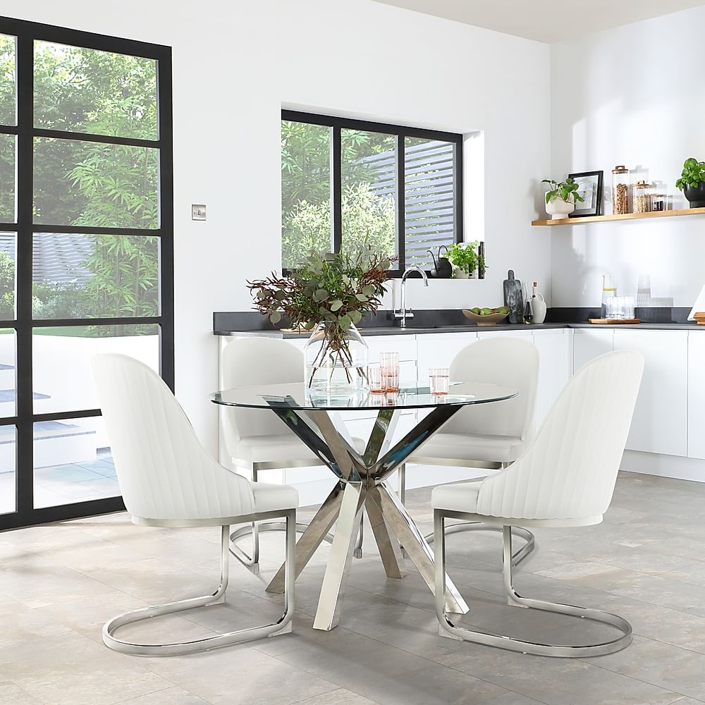 Plaza Round Dining Table & 4 Riva Chairs, Glass & Chrome, White Premium Faux Leather, 110cm