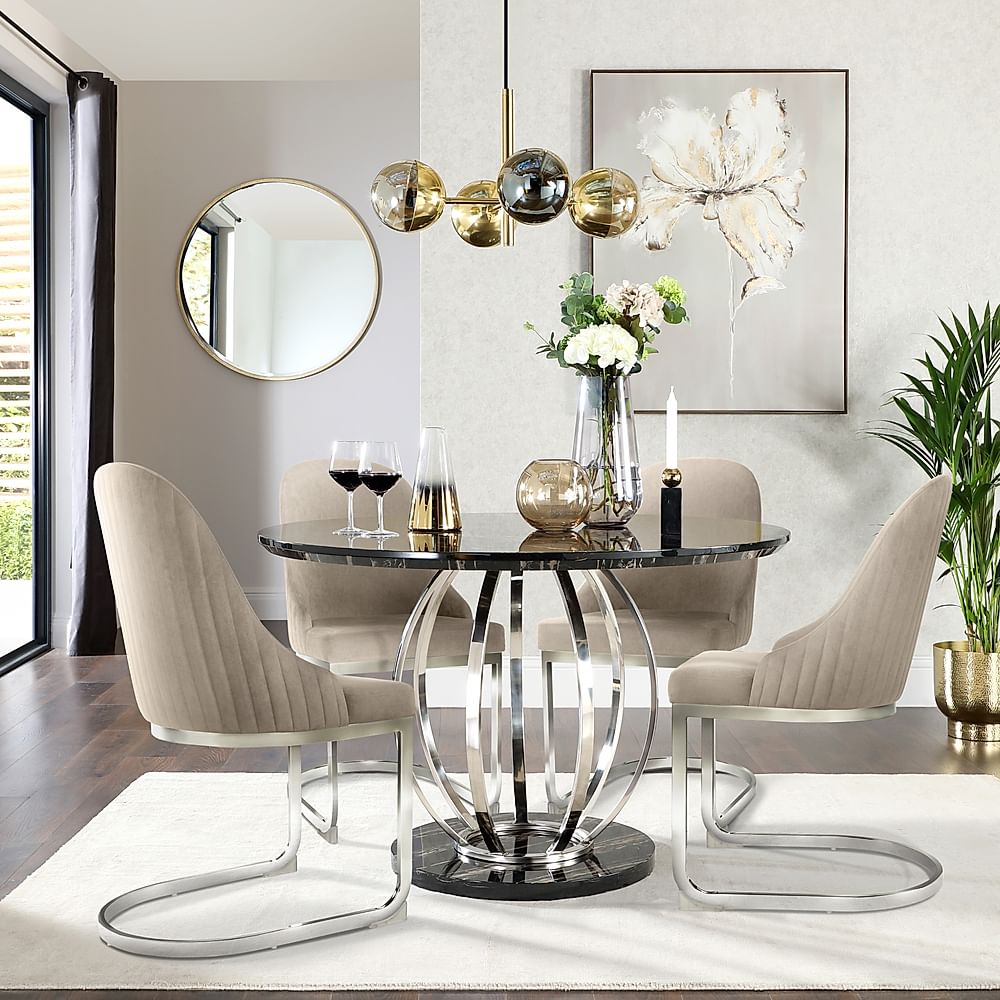Savoy Round Dining Table & 4 Riva Chairs, Black Marble Effect & Chrome, Champagne Classic Velvet, 120cm