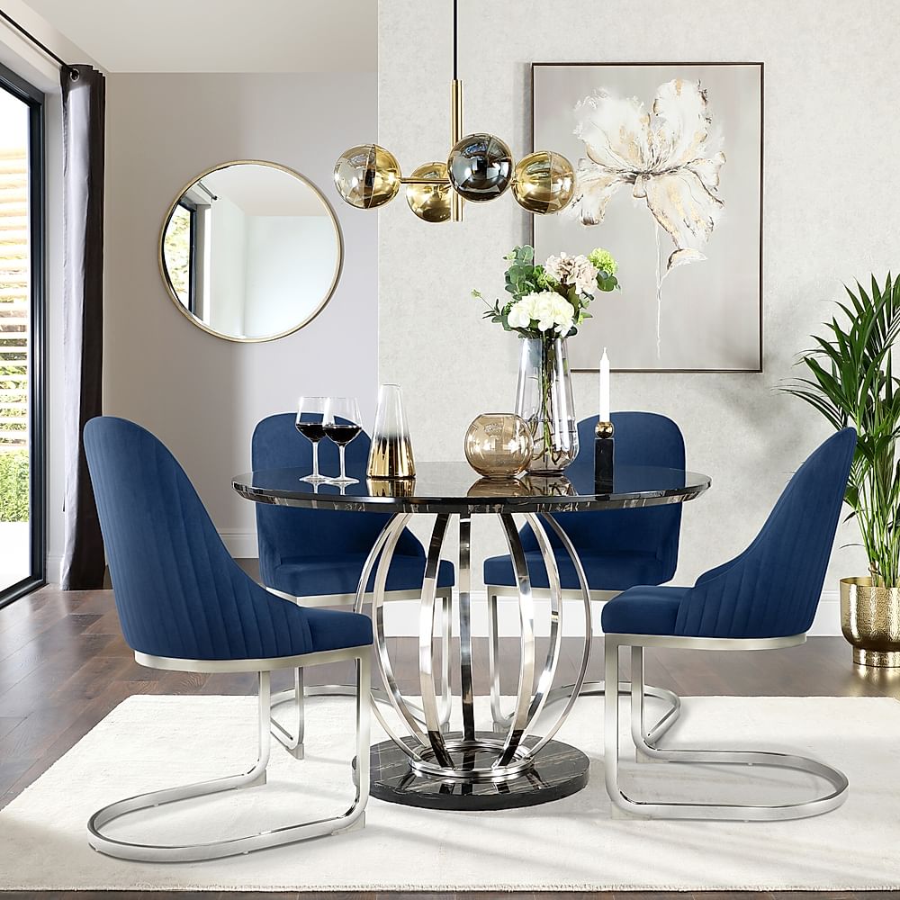 Savoy Round Dining Table & 4 Riva Chairs, Black Marble Effect & Chrome, Blue Classic Velvet, 120cm