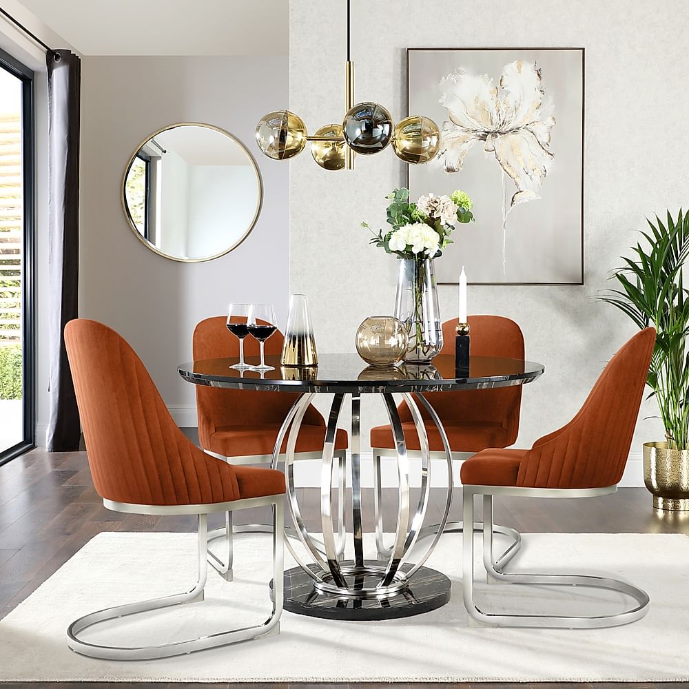 Savoy Round Dining Table & 4 Riva Chairs, Black Marble Effect & Chrome, Burnt Orange Classic Velvet, 120cm