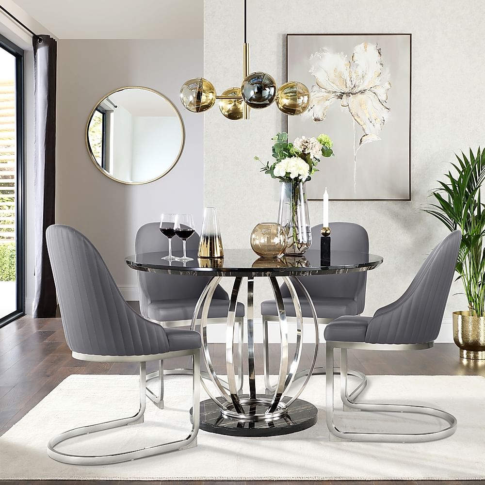 Savoy Round Dining Table & 4 Riva Chairs, Black Marble Effect & Chrome, Grey Premium Faux Leather, 120cm