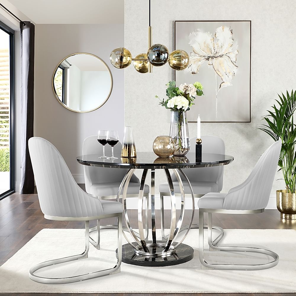 Savoy Round Dining Table & 4 Riva Chairs, Black Marble Effect & Chrome, Light Grey Premium Faux Leather, 120cm