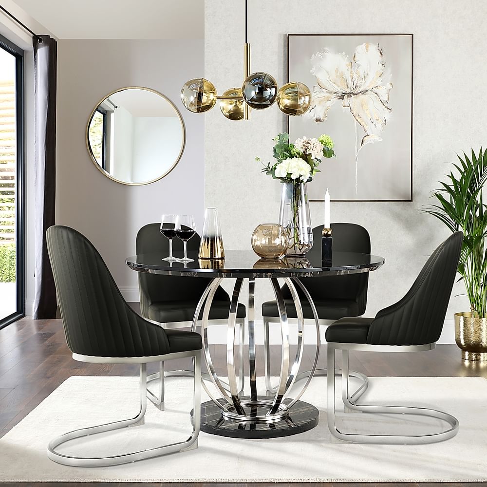 Savoy Round Dining Table & 4 Riva Chairs, Black Marble Effect & Chrome, Black Premium Faux Leather, 120cm