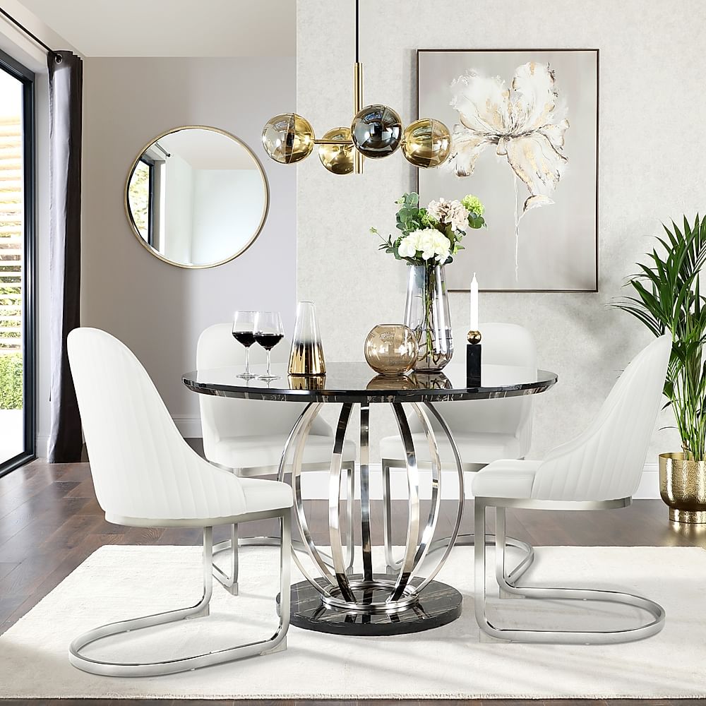 Savoy Round Dining Table & 4 Riva Chairs, Black Marble Effect & Chrome, White Premium Faux Leather, 120cm