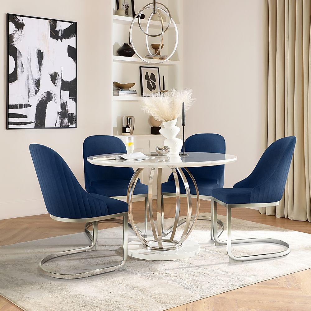 Savoy Round Dining Table & 4 Riva Chairs, White Marble Effect & Chrome, Blue Classic Velvet, 120cm