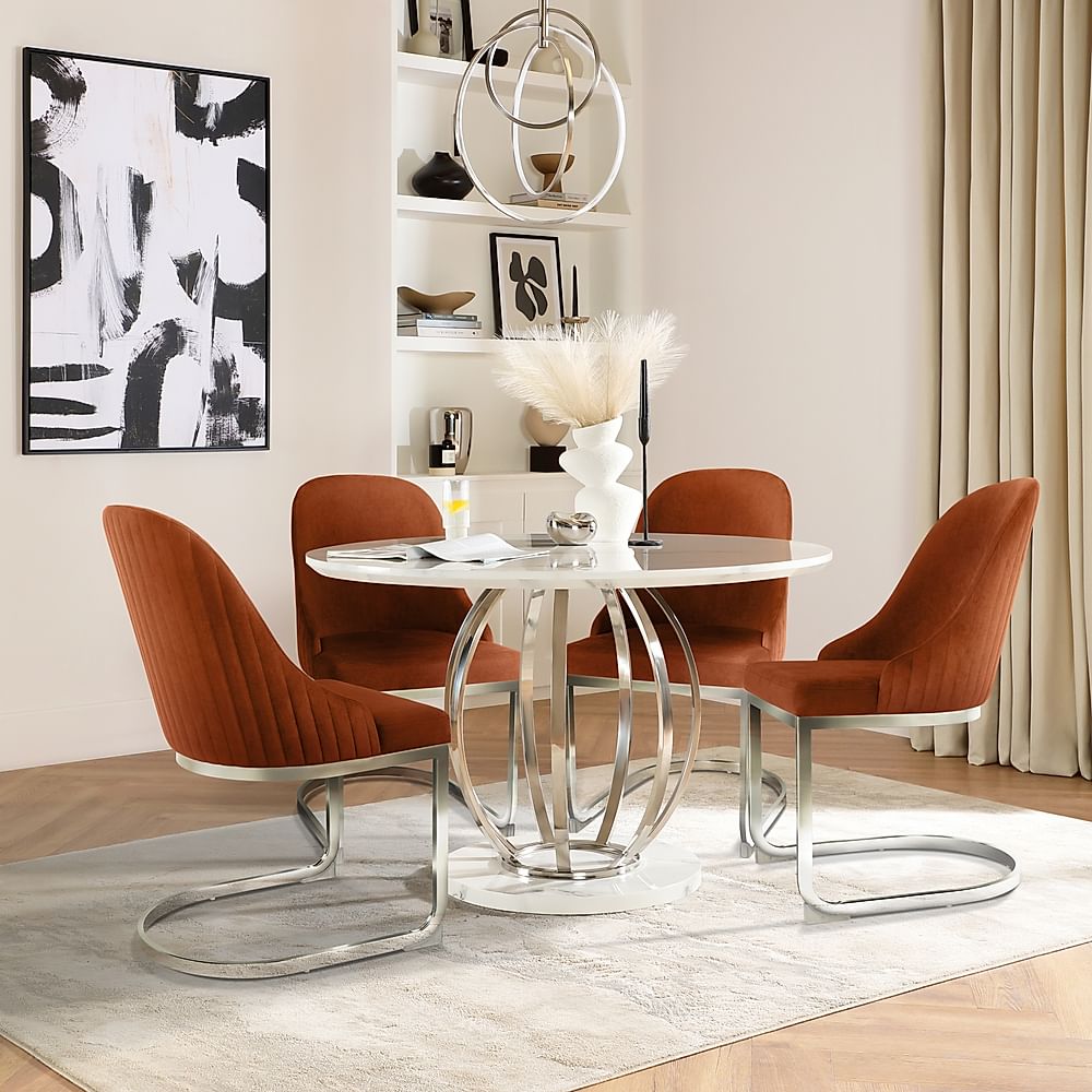 Savoy Round Dining Table & 4 Riva Chairs, White Marble Effect & Chrome, Burnt Orange Classic Velvet, 120cm