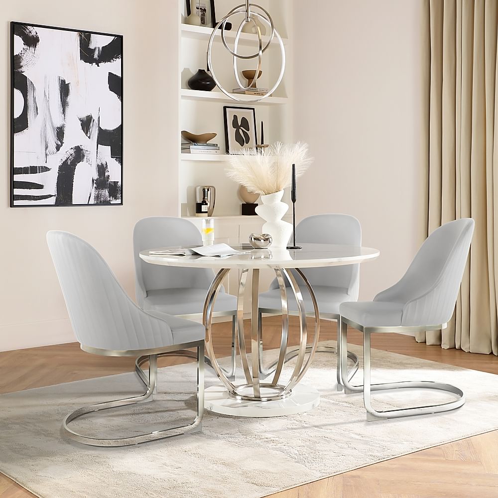Savoy Round Dining Table & 4 Riva Chairs, White Marble Effect & Chrome, Light Grey Premium Faux Leather, 120cm
