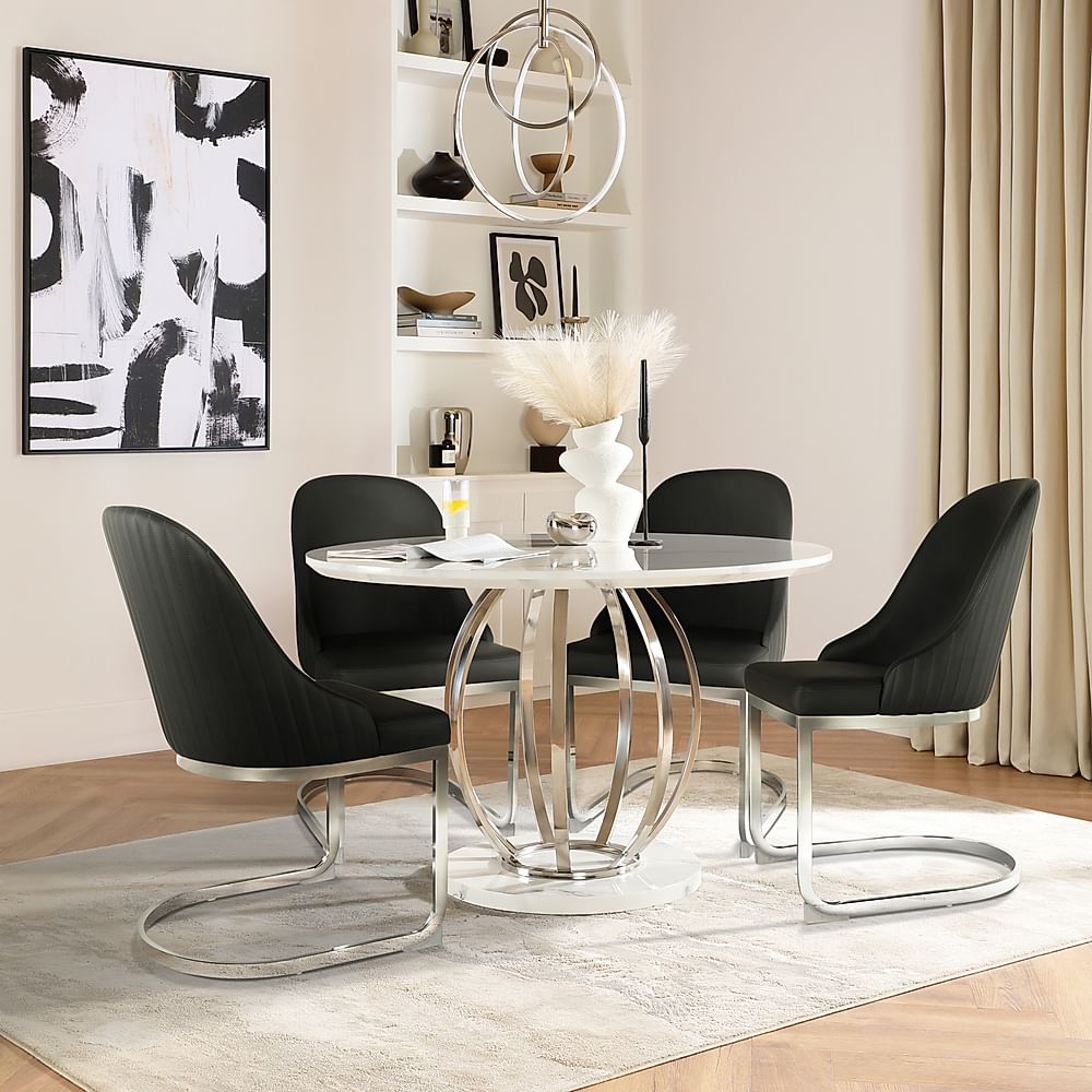 Savoy Round Dining Table & 4 Riva Chairs, White Marble Effect & Chrome, Black Premium Faux Leather, 120cm