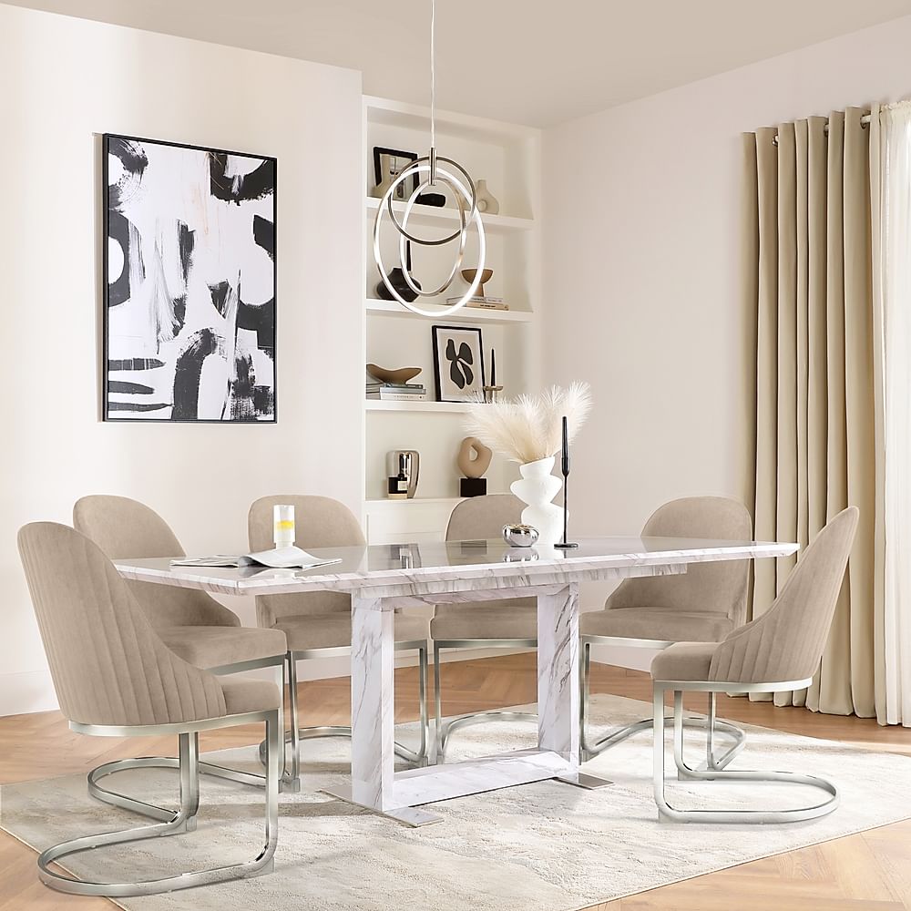 Tokyo Extending Dining Table & 4 Riva Chairs, Grey Marble Effect, Champagne Classic Velvet & Chrome, 160-220cm