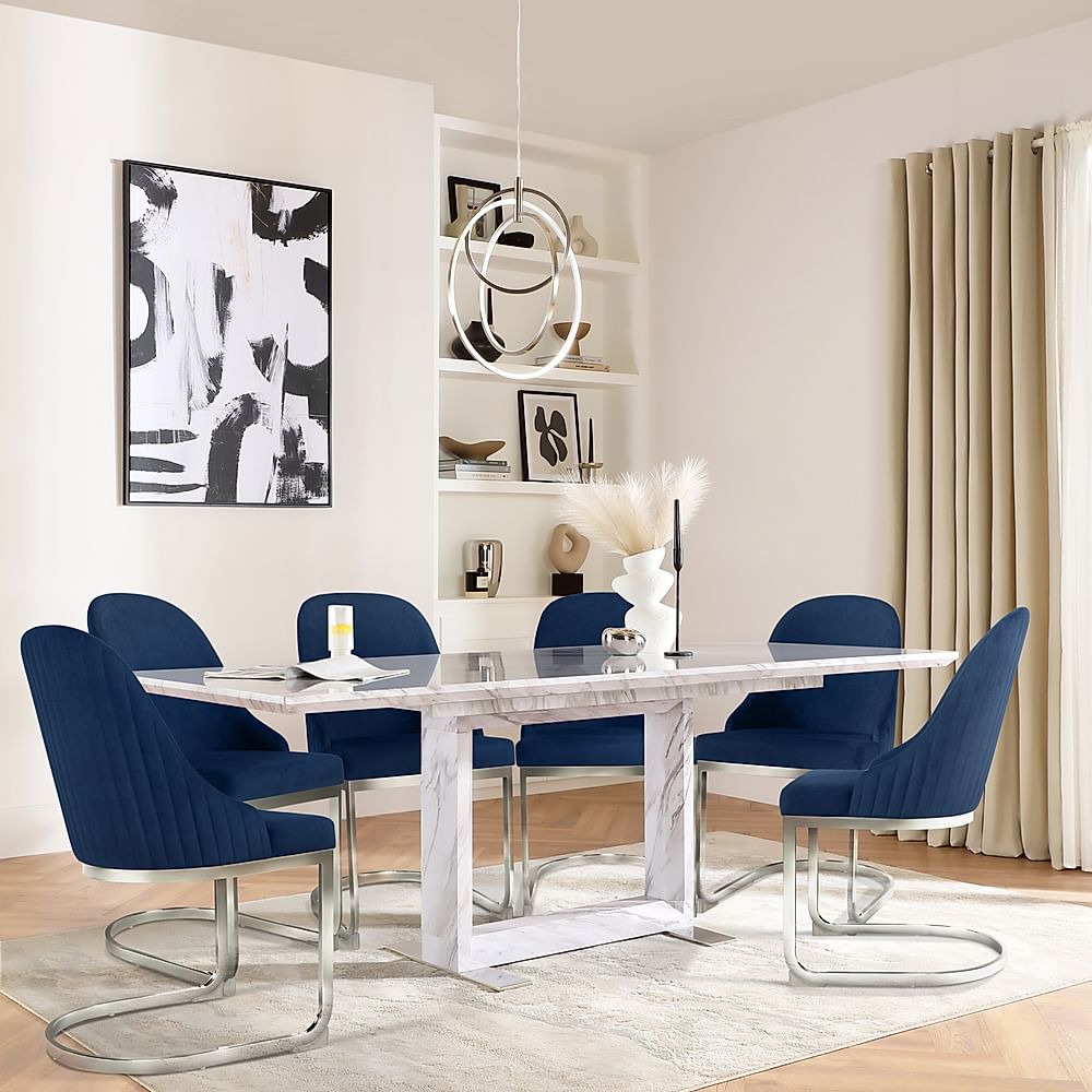 Tokyo Extending Dining Table & 4 Riva Chairs, Grey Marble Effect, Blue Classic Velvet & Chrome, 160-220cm