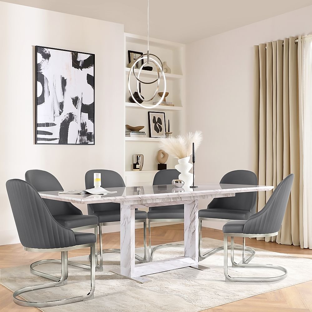 Tokyo Extending Dining Table & 4 Riva Chairs, Grey Marble Effect, Grey Premium Faux Leather & Chrome, 160-220cm
