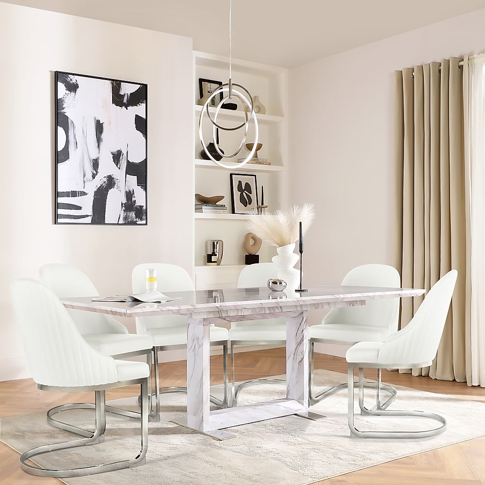 Tokyo Extending Dining Table & 8 Riva Chairs, Grey Marble Effect, White Premium Faux Leather & Chrome, 160-220cm