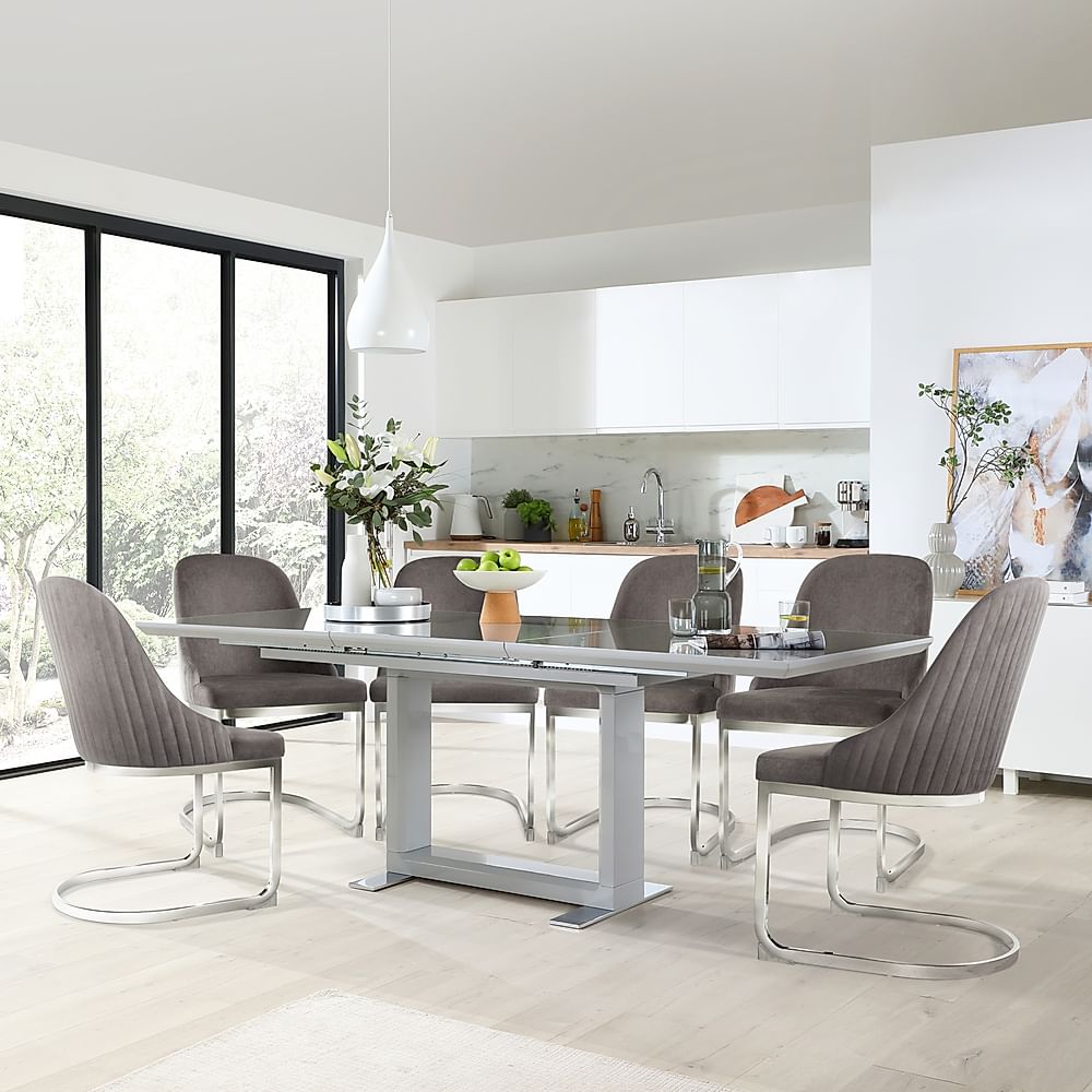 Tokyo Extending Dining Table & 4 Riva Chairs, Grey High Gloss, Grey Classic Velvet & Chrome, 160-220cm