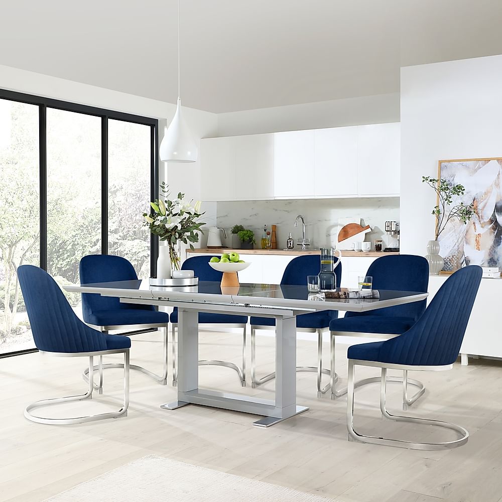 Tokyo Extending Dining Table & 4 Riva Chairs, Grey High Gloss, Blue Classic Velvet & Chrome, 160-220cm