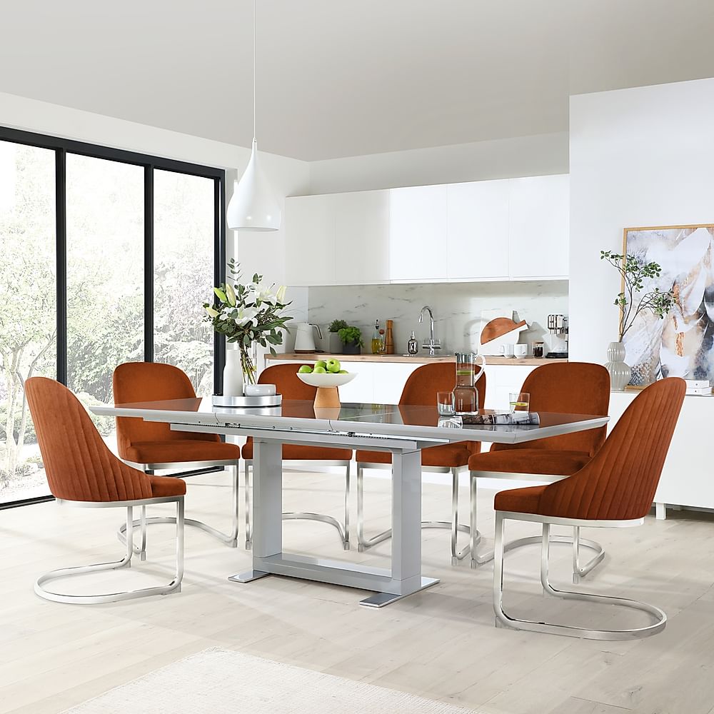 Tokyo Extending Dining Table & 4 Riva Chairs, Grey High Gloss, Burnt Orange Classic Velvet & Chrome, 160-220cm