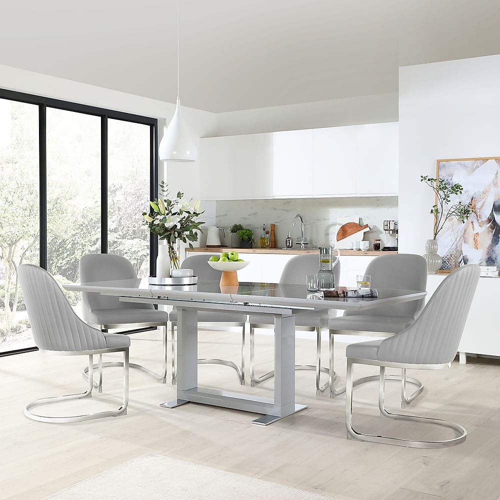 Tokyo Extending Dining Table & 4 Riva Chairs, Grey High Gloss, Light Grey Premium Faux Leather & Chrome, 160-220cm