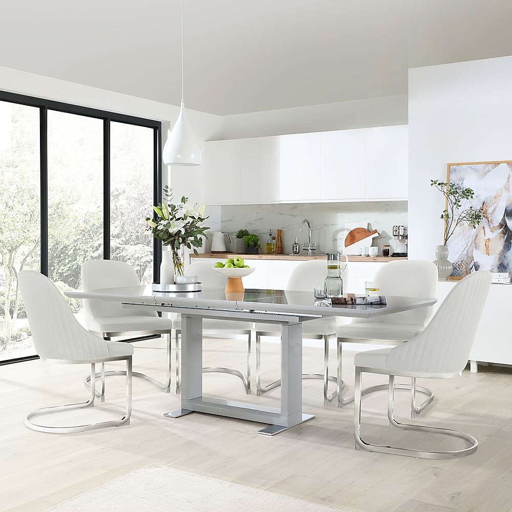 Tokyo Extending Dining Table & 4 Riva Chairs, Grey High Gloss, White Premium Faux Leather & Chrome, 160-220cm