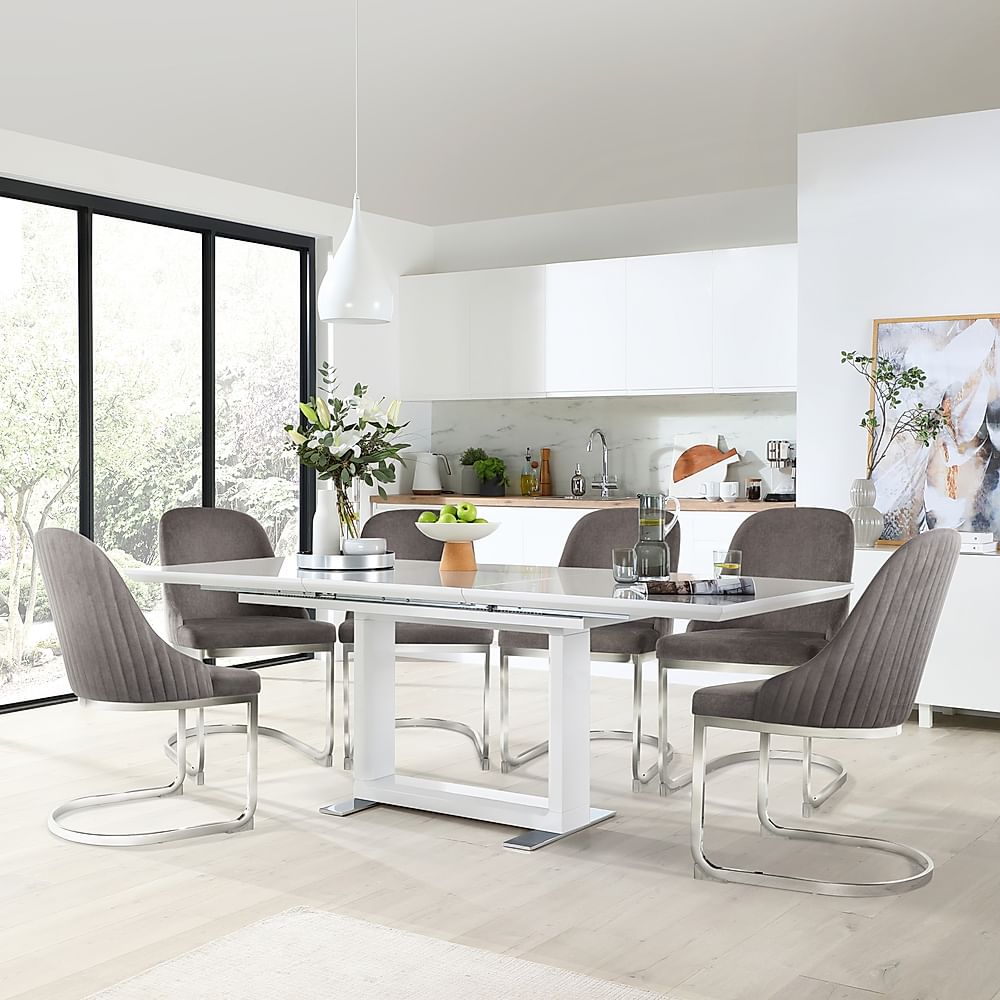 Tokyo Extending Dining Table & 6 Riva Chairs, White High Gloss, Grey Classic Velvet & Chrome, 160-220cm