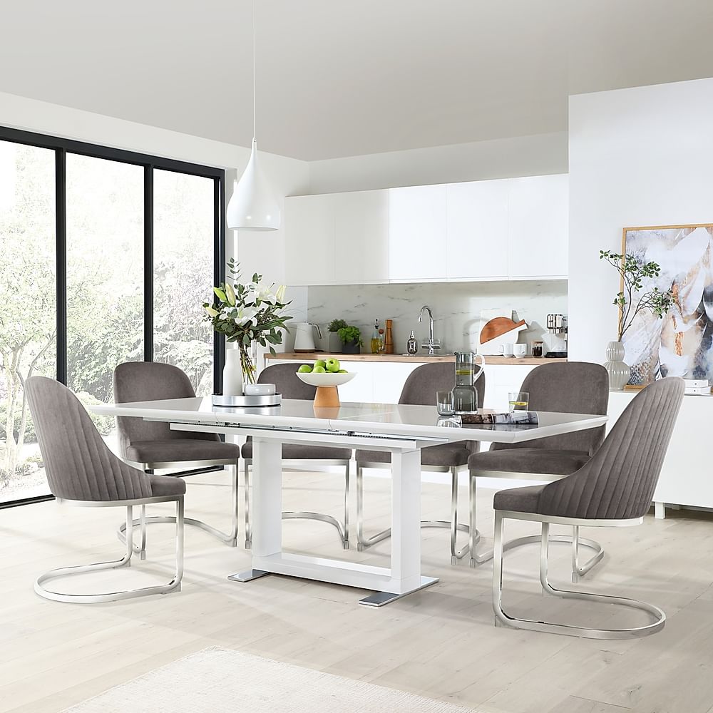 Tokyo Extending Dining Table & 8 Riva Chairs, White High Gloss, Grey Classic Velvet & Chrome, 160-220cm