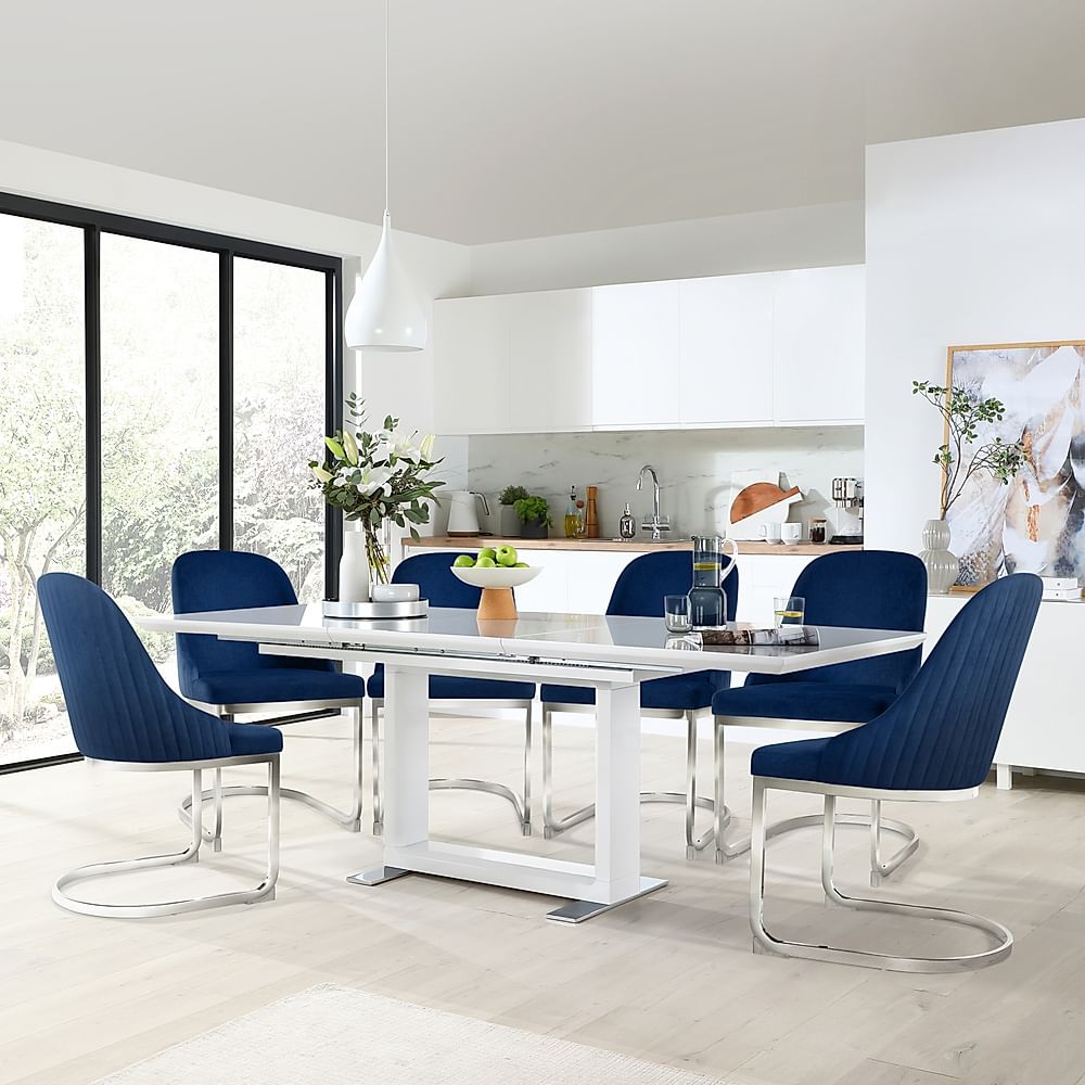 Tokyo Extending Dining Table & 6 Riva Chairs, White High Gloss, Blue Classic Velvet & Chrome, 160-220cm