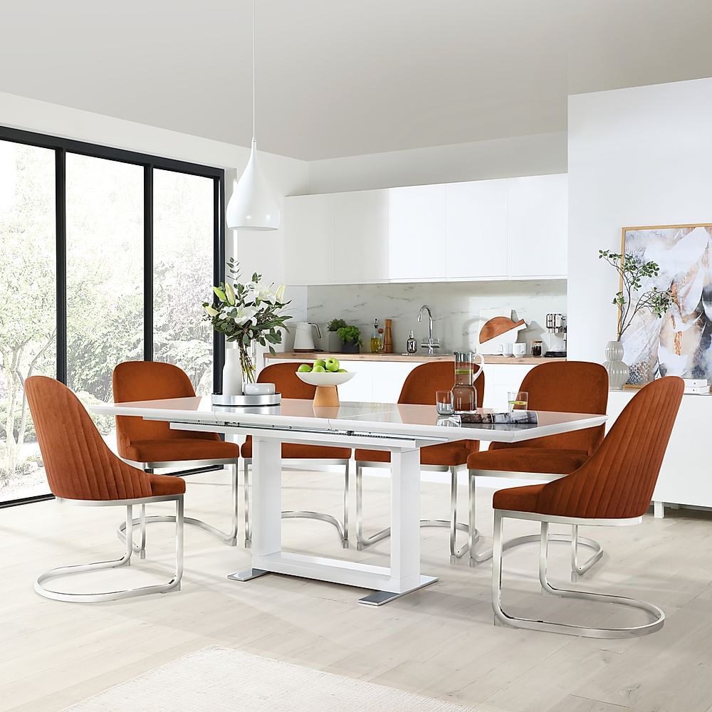 Tokyo Extending Dining Table & 6 Riva Chairs, White High Gloss, Burnt Orange Classic Velvet & Chrome, 160-220cm