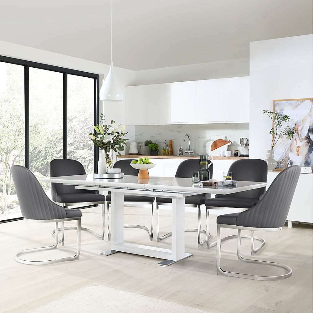 Tokyo Extending Dining Table & 4 Riva Chairs, White High Gloss, Grey Premium Faux Leather & Chrome, 160-220cm
