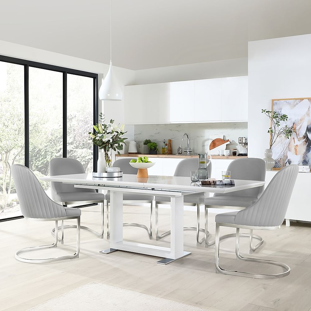 Tokyo Extending Dining Table & 8 Riva Chairs, White High Gloss, Light Grey Premium Faux Leather & Chrome, 160-220cm