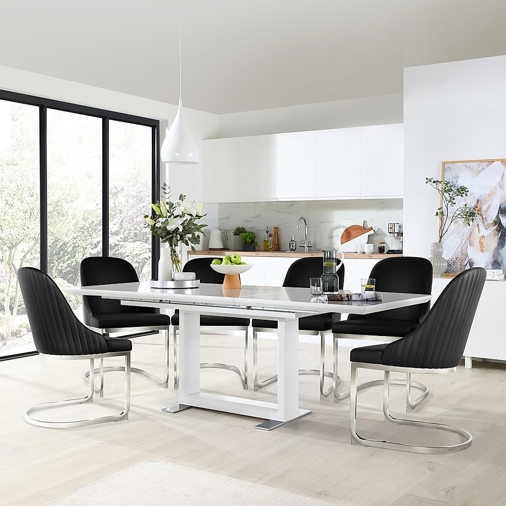 Tokyo Extending Dining Table & 4 Riva Chairs, White High Gloss, Black Premium Faux Leather & Chrome, 160-220cm