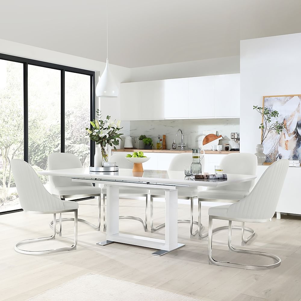 Tokyo Extending Dining Table & 6 Riva Chairs, White High Gloss, White Premium Faux Leather & Chrome, 160-220cm