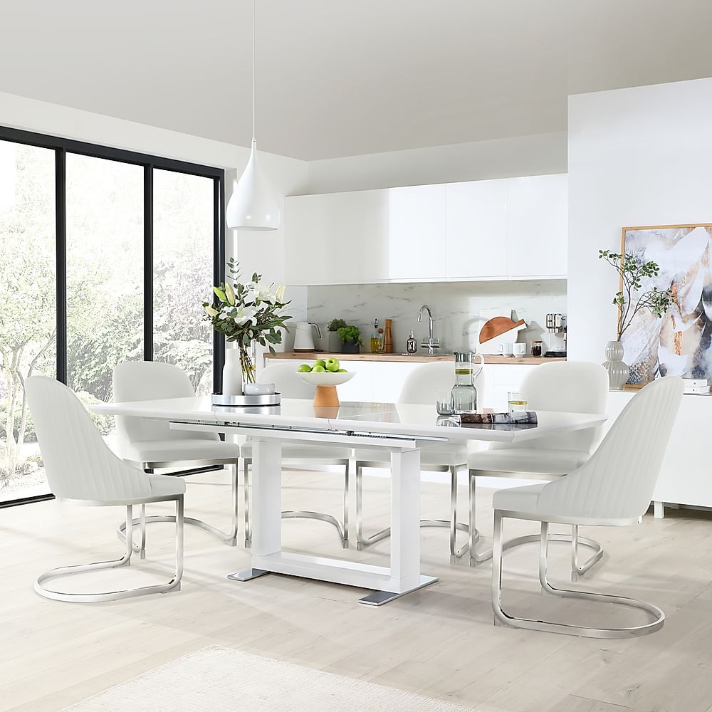 Tokyo Extending Dining Table & 8 Riva Chairs, White High Gloss, White Premium Faux Leather & Chrome, 160-220cm