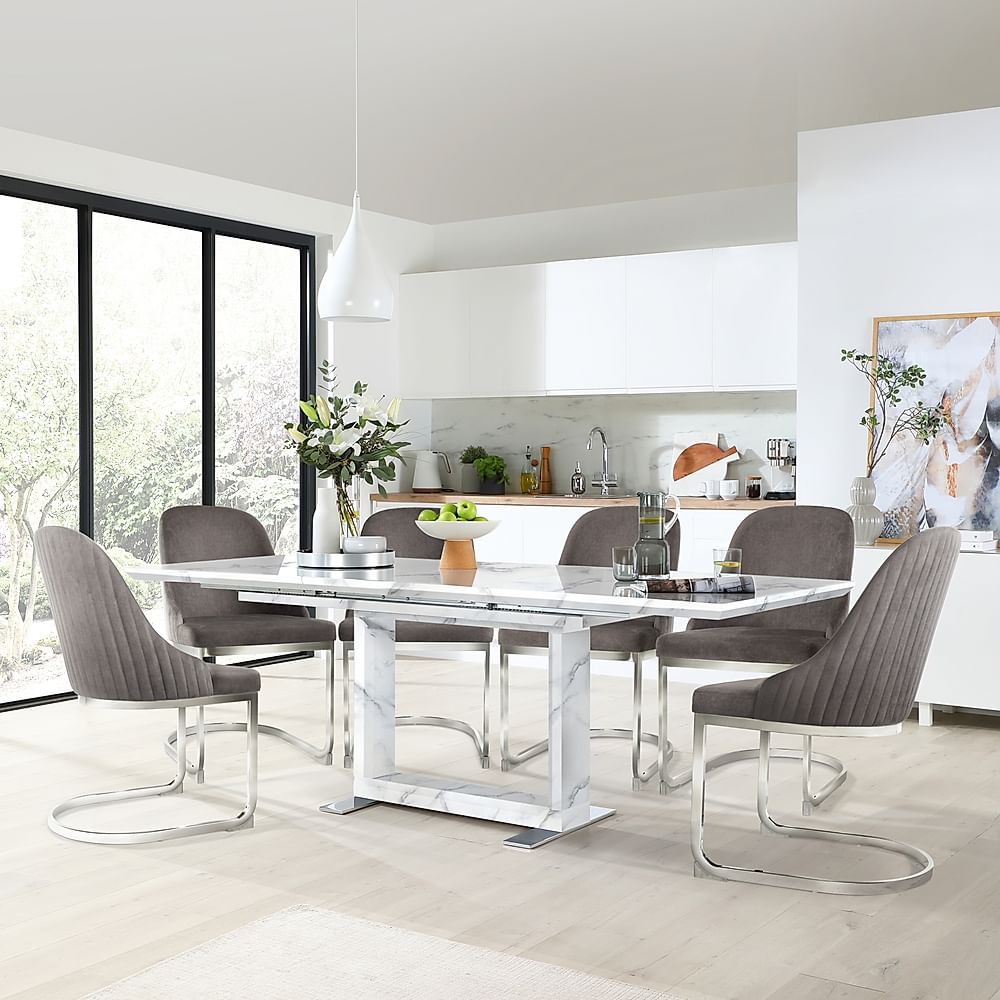 Tokyo Extending Dining Table & 6 Riva Chairs, White Marble Effect, Grey Classic Velvet & Chrome, 160-220cm