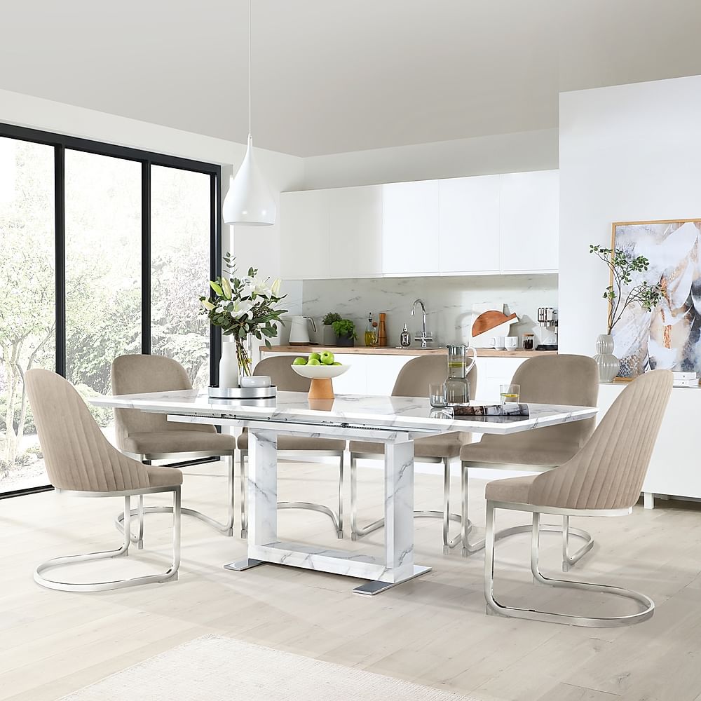 Tokyo Extending Dining Table & 8 Riva Chairs, White Marble Effect, Champagne Classic Velvet & Chrome, 160-220cm