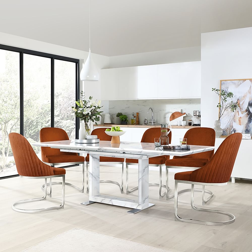Tokyo Extending Dining Table & 6 Riva Chairs, White Marble Effect, Burnt Orange Classic Velvet & Chrome, 160-220cm