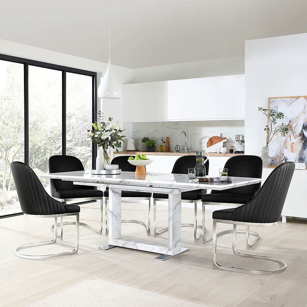 Tokyo Extending Dining Table & 4 Riva Chairs, White Marble Effect, Black Premium Faux Leather & Chrome, 160-220cm