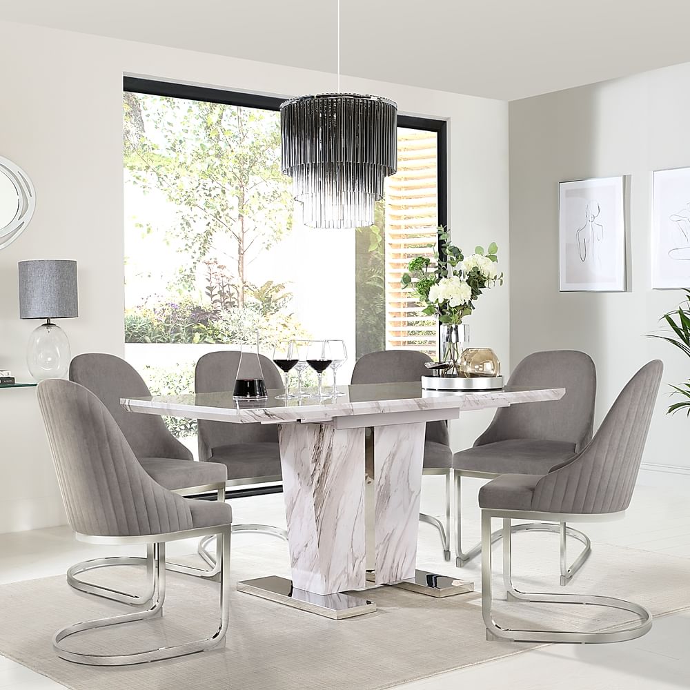 Vienna Extending Dining Table & 4 Riva Chairs, Grey Marble Effect, Grey Classic Velvet & Chrome, 120-160cm