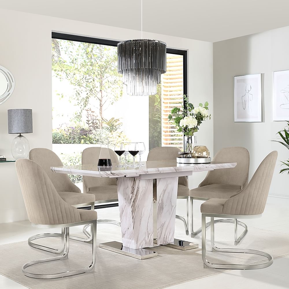 Vienna Extending Dining Table & 4 Riva Chairs, Grey Marble Effect, Champagne Classic Velvet & Chrome, 120-160cm