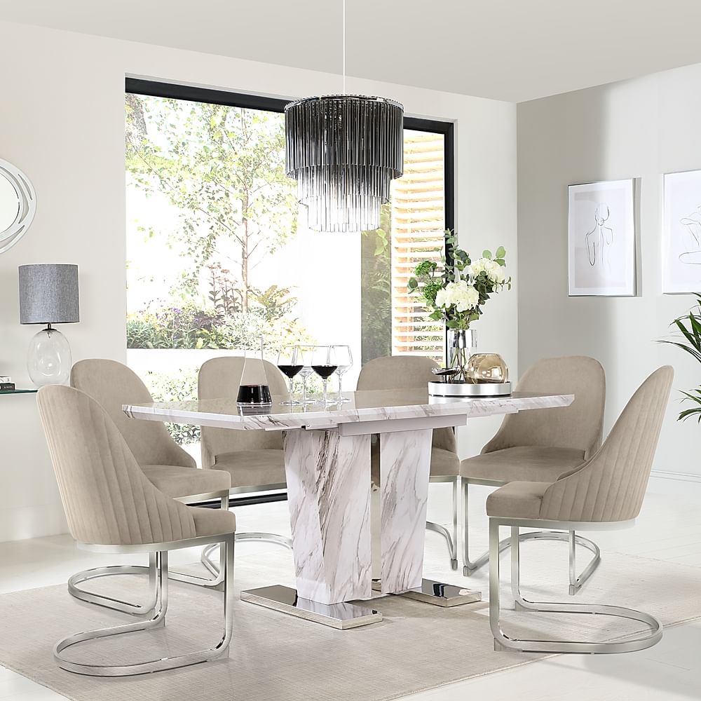 Vienna Extending Dining Table & 6 Riva Chairs, Grey Marble Effect, Champagne Classic Velvet & Chrome, 120-160cm