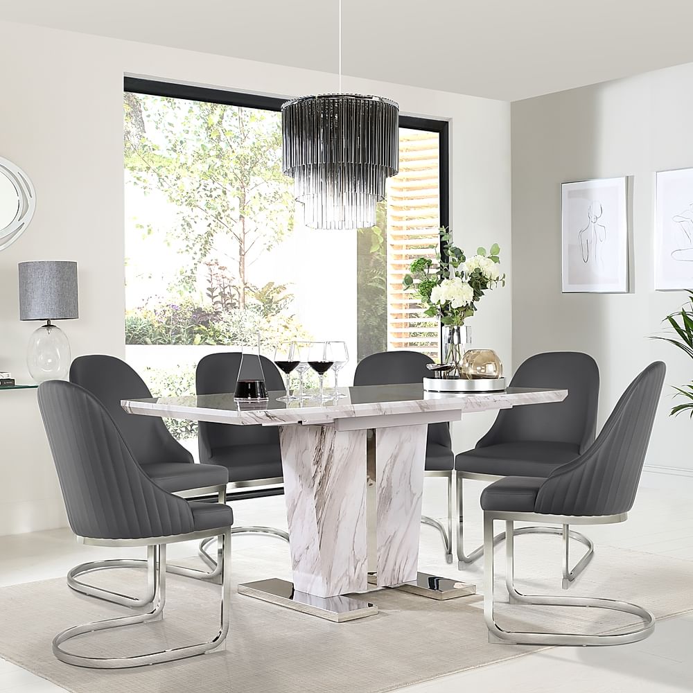 Vienna Extending Dining Table & 6 Riva Chairs, Grey Marble Effect, Grey Premium Faux Leather & Chrome, 120-160cm