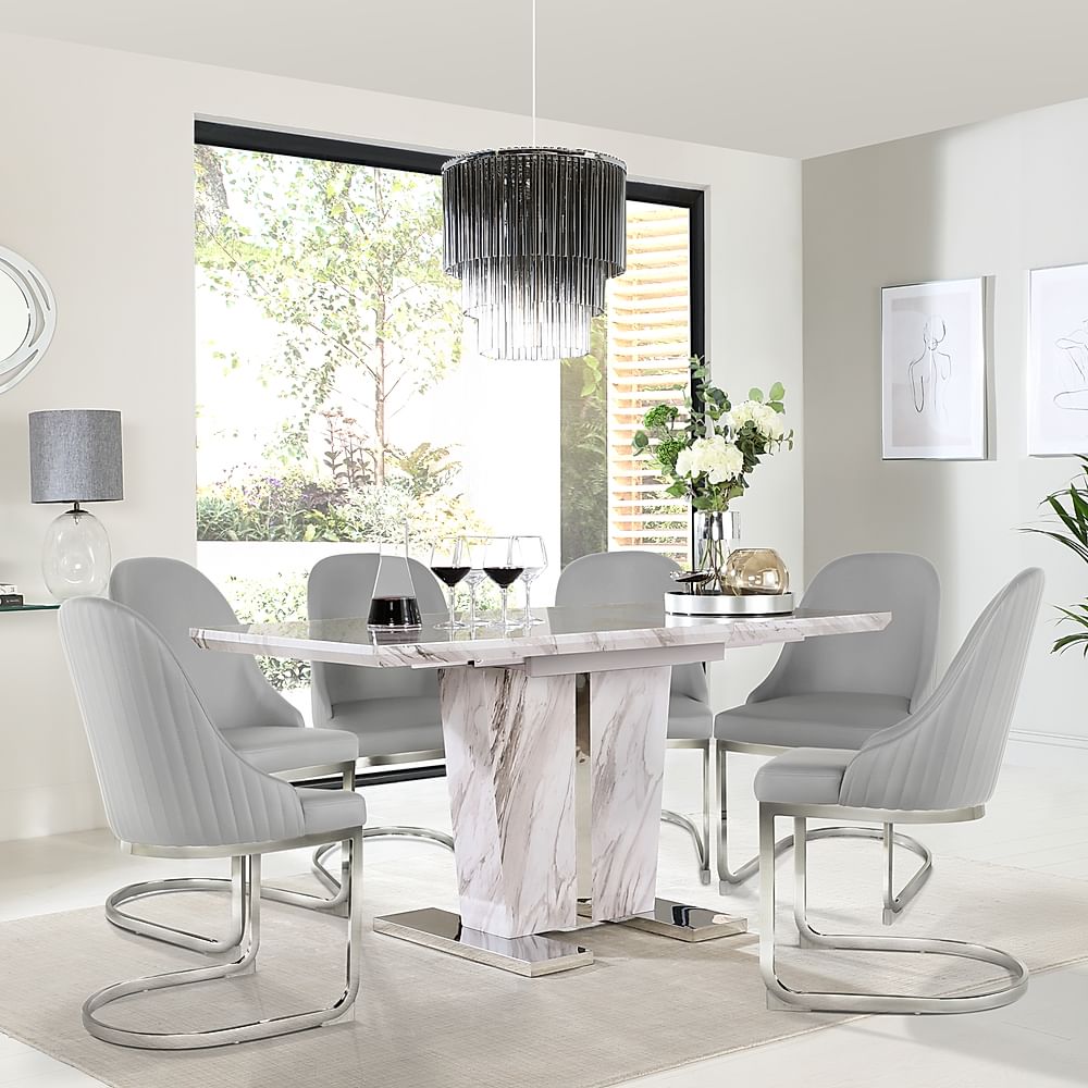 Vienna Extending Dining Table & 6 Riva Chairs, Grey Marble Effect, Light Grey Premium Faux Leather & Chrome, 120-160cm