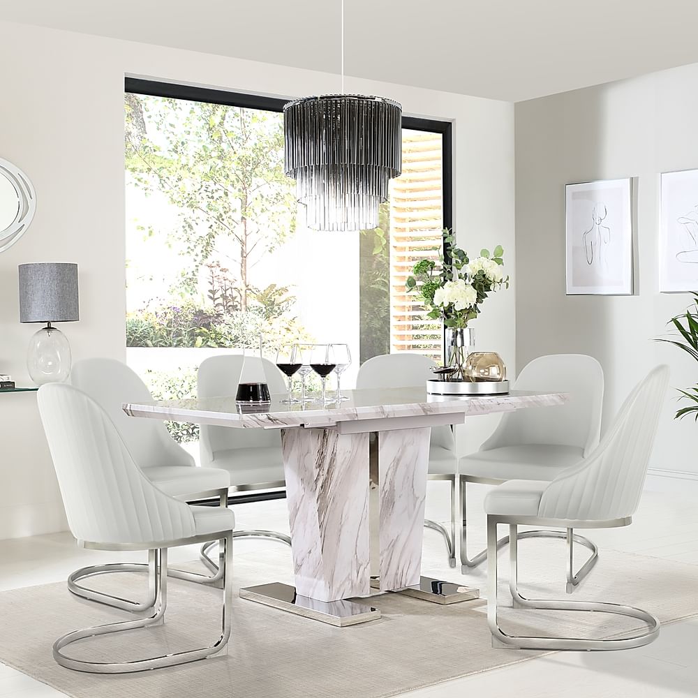 Vienna Extending Dining Table & 6 Riva Chairs, Grey Marble Effect, White Premium Faux Leather & Chrome, 120-160cm