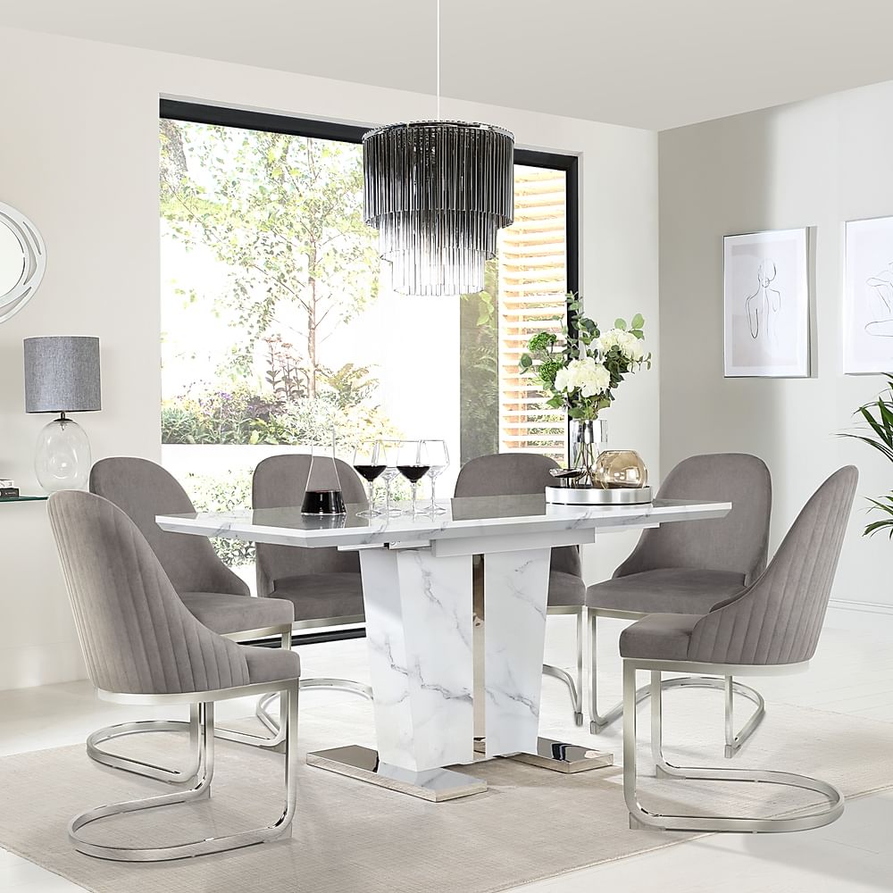 Vienna Extending Dining Table & 6 Riva Chairs, White Marble Effect, Grey Classic Velvet & Chrome, 120-160cm