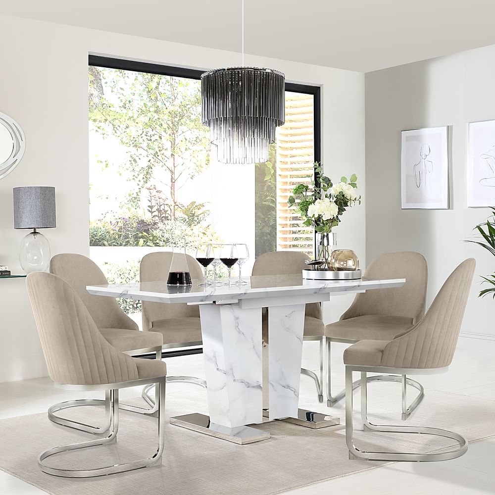 Vienna Extending Dining Table & 6 Riva Chairs, White Marble Effect, Champagne Classic Velvet & Chrome, 120-160cm