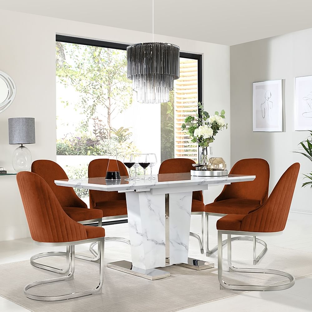 Vienna Extending Dining Table & 4 Riva Chairs, White Marble Effect, Burnt Orange Classic Velvet & Chrome, 120-160cm