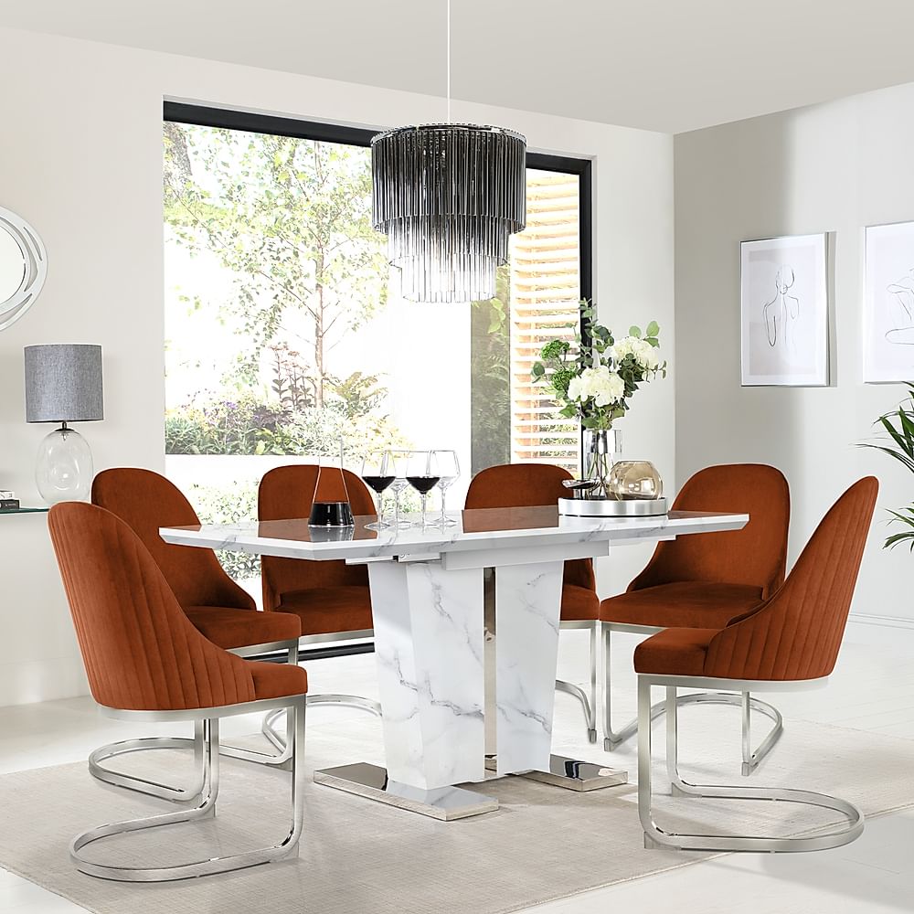 Vienna Extending Dining Table & 6 Riva Chairs, White Marble Effect, Burnt Orange Classic Velvet & Chrome, 120-160cm