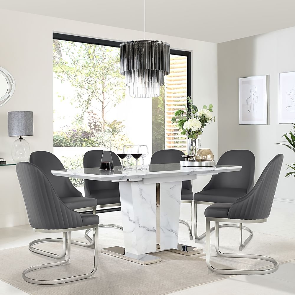 Vienna Extending Dining Table & 4 Riva Chairs, White Marble Effect ...