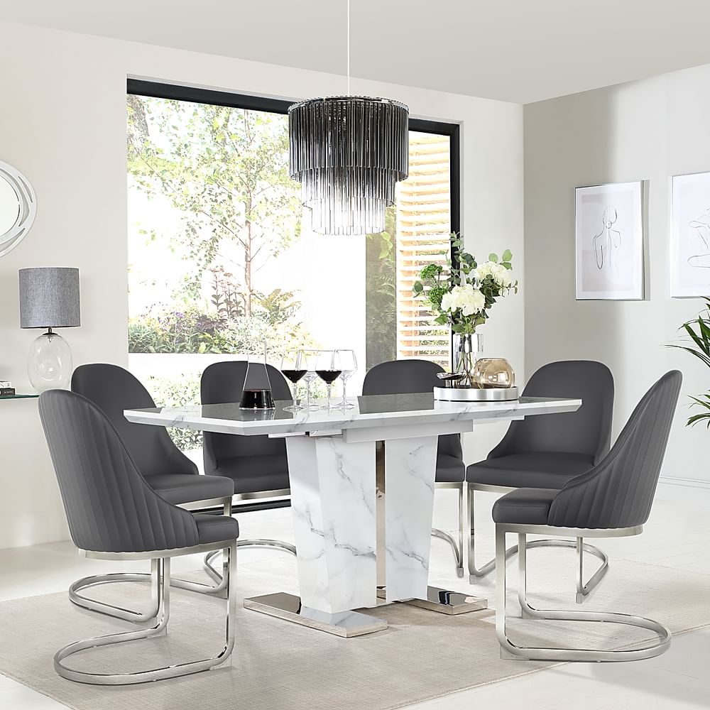 Vienna Extending Dining Table & 6 Riva Chairs, White Marble Effect, Grey Premium Faux Leather & Chrome, 120-160cm