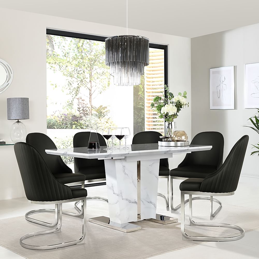 Vienna Extending Dining Table & 6 Riva Chairs, White Marble Effect, Black Premium Faux Leather & Chrome, 120-160cm